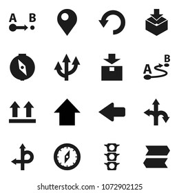 Flat vector icon set - compass vector, arrow up, route, traffic light, top sign, package, undo, pin, signpost
