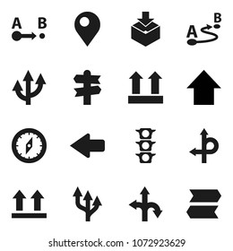 Flat vector icon set - compass vector, arrow up, route, signpost, traffic light, top sign, package, pin