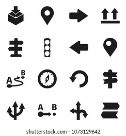 Flat vector icon set - compass vector, route, signpost, traffic light, top sign, package, arrow, undo, pin