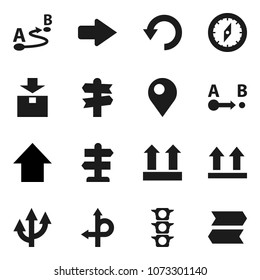 Flat vector icon set - compass vector, arrow up, route, signpost, traffic light, top sign, package, undo, pin