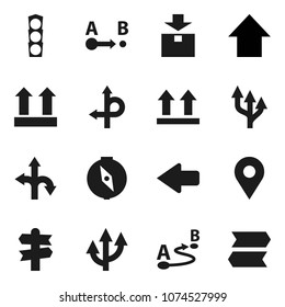 Flat vector icon set - compass vector, arrow up, route, signpost, traffic light, top sign, package, pin