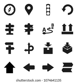 Flat vector icon set - compass vector, arrow up, route, signpost, traffic light, top sign, package, undo, pin