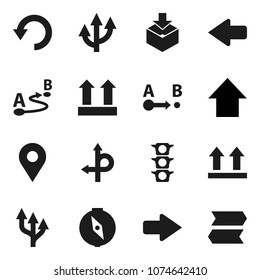 Flat vector icon set - compass vector, arrow up, route, traffic light, top sign, package, undo, pin, signpost