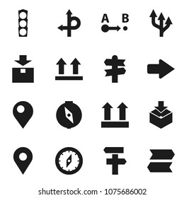 Flat vector icon set - compass vector, route, signpost, traffic light, top sign, package, arrow, pin