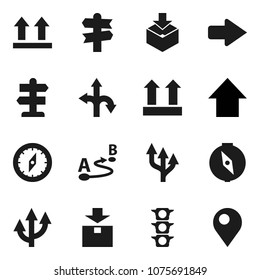 Flat vector icon set - compass vector, arrow up, route, signpost, traffic light, top sign, package, pin