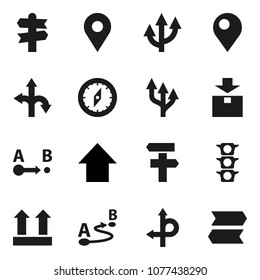 Flat vector icon set - compass vector, arrow up, route, signpost, traffic light, top sign, package, pin