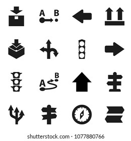 Flat vector icon set - compass vector, arrow up, route, signpost, traffic light, top sign, package