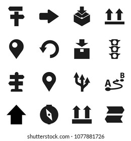 Flat vector icon set - compass vector, arrow up, signpost, traffic light, top sign, package, route, undo, pin