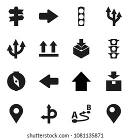 Flat vector icon set - compass vector, arrow up, route, signpost, traffic light, top sign, package, pin