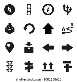 Flat vector icon set - compass vector, arrow up, signpost, traffic light, top sign, package, route, undo, pin