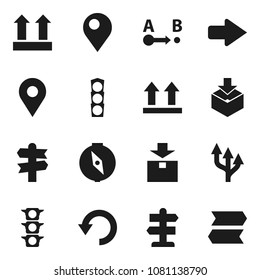 Flat vector icon set - compass vector, signpost, traffic light, top sign, package, route, arrow, undo, pin