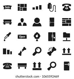Flat vector icon set - consolidated cargo vector, top sign, sorting, classic phone, magnifier, dropper, broken bone, drop counter, network folder, bench, fruit tree, consumer, fridge, sale, open