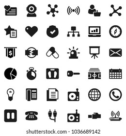 Flat vector icon set - cook timer vector, compass, presentation, pie graph, laptop, dollar flag, scales, stadium, pills, calendar, heart monitor, document, protected, radio, classic phone, mail, rca