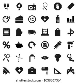 Flat vector icon set - cook glove vector, rolling pin, mushroom, cake, pencil, corner ruler, case, abacus, constellation, graph, piggy bank, jump rope, no fastfood, heart cross, route, delivery, rca