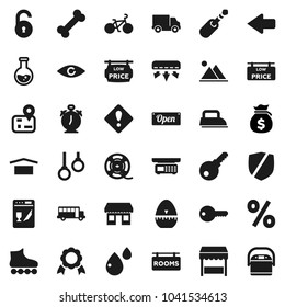 Flat vector icon set - cook timer vector, alarm clock, medal, school bus, flask, money bag, bike, roller Skates, bone, gymnast rings, navigator, office, delivery, dry cargo, protected, film spool