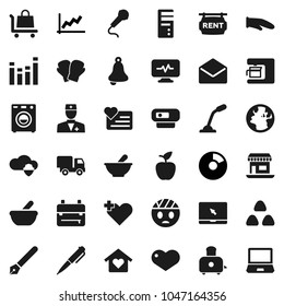 Flat vector icon set - cook glove vector, toaster, cereal, pen, backpack, apple fruit, bell, graph, pie, boxing, heart monitor, earth, office, equalizer, notebook pc, mail, cross, doctor, mortar