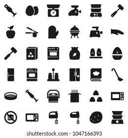 Flat vector icon set - cook glove vector, timer, press, ladle, meat hammer, mixer, microwave oven, double boiler, cookbook, spices, blender, bbq, sieve, cereal, egg, pasta, potato, apple fruit