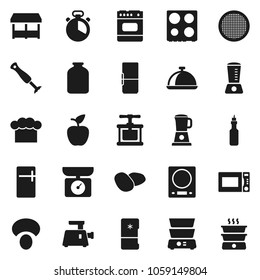 Flat vector icon set - cook hat vector, timer, press, microwave oven, double boiler, sieve, dish, jar, mushroom, potato, oil, apple fruit, fridge, market, meat grinder, blender, kitchen scales