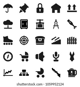 Flat vector icon set - cook press vector, blender, drawing compass, paper pin, graph, crisis, safe, hierarchy, swimsuite, roller Skates, target, stairways run, umbrella, top sign, speaker, home