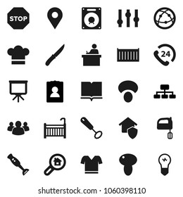 Flat vector icon set - cook hat vector, whisk, knife, mixer, blender, mushroom, book, student, presentation, personal information, hierarchy, t shirt, phone 24, sea container, settings, internet