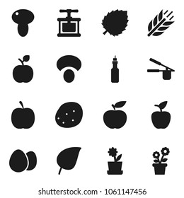 Flat vector icon set - cook press vector, egg, mushroom, potato, oil, apple fruit, leaf, diet, cereals, flower in pot