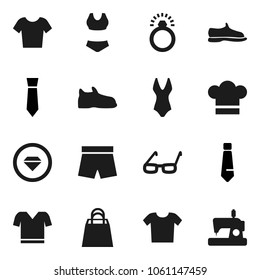 Flat vector icon set - cook hat vector, glasses, tie, snickers, shorts, swimsuite, t shirt, shopping bag, diamond ring, clothes, sewing machine