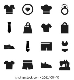 Flat vector icon set - cook hat vector, tie, snickers, shorts, swimsuite, t shirt, shopping bag, diamond ring, clothes, sewing machine