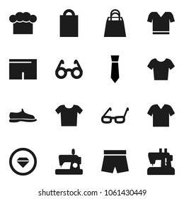Flat vector icon set - cook hat vector, glasses, tie, snickers, shorts, t shirt, shopping bag, diamond ring, clothes, sewing machine