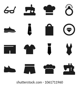 Flat vector icon set - cook hat vector, glasses, tie, snickers, shorts, swimsuite, shopping bag, diamond ring, clothes, sewing machine