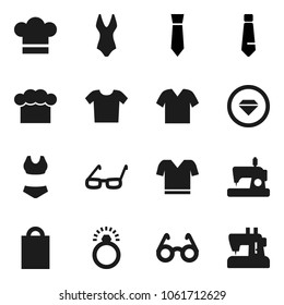 Flat vector icon set - cook hat vector, glasses, tie, swimsuite, t shirt, shopping bag, diamond ring, clothes, sewing machine