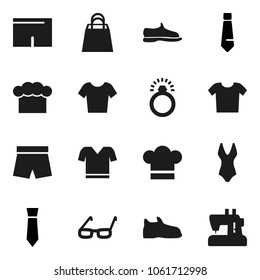 Flat vector icon set - cook hat vector, glasses, tie, snickers, shorts, swimsuite, t shirt, shopping bag, diamond ring, clothes, sewing machine