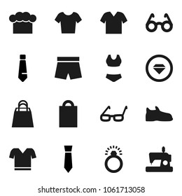 Flat vector icon set - cook hat vector, glasses, tie, snickers, shorts, swimsuite, t shirt, shopping bag, diamond ring, clothes, sewing machine