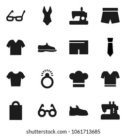 Flat vector icon set - cook hat vector, glasses, tie, snickers, shorts, swimsuite, t shirt, shopping bag, diamond ring, clothes, sewing machine