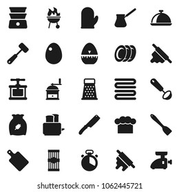 Flat vector icon set - cook hat vector, glove, towel, timer, press, spatula, ladle, knife, rolling pin, meat hammer, cutting board, hand mill, grater, turk coffee, toaster, double boiler, bbq, dish