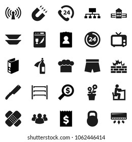 Flat vector icon set - cook hat vector, knife, plates, school building, student, magnet, receipt, money search, binder, personal information, hierarchy, shorts, phone 24, weight, shelving, tv, group