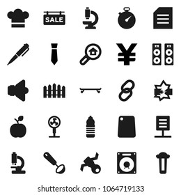 Flat vector icon set - cook hat vector, ladle, cutting board, apple fruit, pen, document, tie, yen sign, stopwatch, skateboard, water bottle, satellite, speaker, link, microscope, disconnection, fan