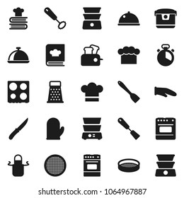 Flat vector icon set - cook hat vector, apron, glove, timer, whisk, spatula, knife, grater, oven, double boiler, cookbook, sieve, dish, multi cooker, toaster