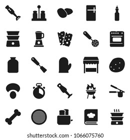 Flat vector icon set - cook glove vector, timer, press, skimmer, spatula, toaster, double boiler, cookbook, spices, blender, bbq, sieve, jar, mushroom, potato, oil, breads, bone, market, fridge