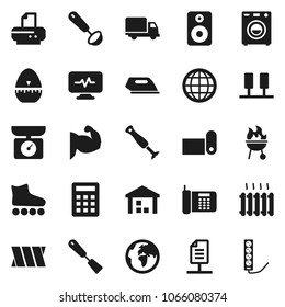 Flat vector icon set - cook timer vector, spatula, ladle, bbq, muscule hand, roller Skates, fitness mat, earth, delivery, warehouse, speaker, diagnostic monitor, bandage, server, globe, washer, iron