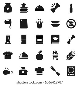 Flat vector icon set - cook hat vector, apron, spatula, cutting board, mixer, oven, cookbook, bbq, plates, dish, cereal, chicken leg, oil, apple fruit, cereals, no fastfood, broken bone, fridge