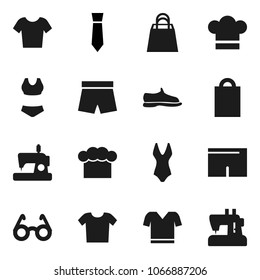 Flat vector icon set - cook hat vector, glasses, tie, snickers, shorts, swimsuite, t shirt, shopping bag, clothes, sewing machine