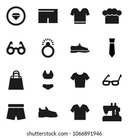 Flat vector icon set - cook hat vector, glasses, tie, snickers, shorts, swimsuite, t shirt, shopping bag, diamond ring, clothes, sewing machine