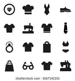 Flat vector icon set - cook hat vector, glasses, tie, snickers, swimsuite, t shirt, shopping bag, diamond ring, clothes, sewing machine