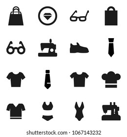 Flat vector icon set - cook hat vector, glasses, tie, snickers, swimsuite, t shirt, shopping bag, diamond ring, clothes, sewing machine