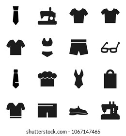 Flat vector icon set - cook hat vector, glasses, tie, snickers, shorts, swimsuite, t shirt, shopping bag, clothes, sewing machine