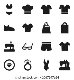Flat vector icon set - cook hat vector, glasses, snickers, shorts, swimsuite, t shirt, shopping bag, diamond ring, clothes, sewing machine