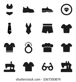 Flat vector icon set - cook hat vector, glasses, tie, snickers, shorts, swimsuite, t shirt, diamond ring, clothes, sewing machine