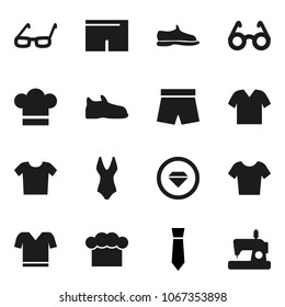 Flat vector icon set - cook hat vector, glasses, tie, snickers, shorts, swimsuite, t shirt, diamond ring, clothes, sewing machine