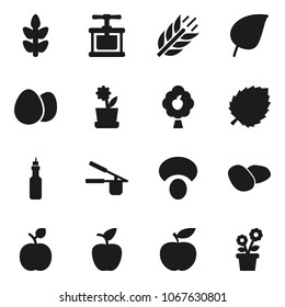 Flat vector icon set - cook press vector, egg, mushroom, potato, oil, apple fruit, leaf, diet, cereals, tree, flower in pot