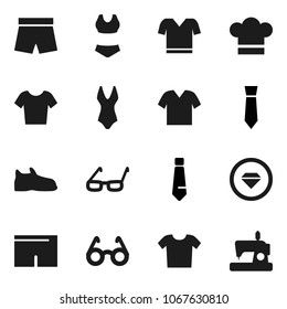 Flat vector icon set - cook hat vector, glasses, tie, snickers, shorts, swimsuit, t shirt, diamond ring, clothes, sewing machine